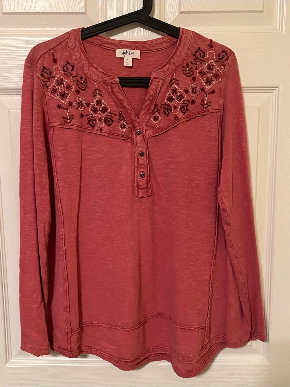 Style & Co. Embroidered Long-Sleeve Henley Top - Rose